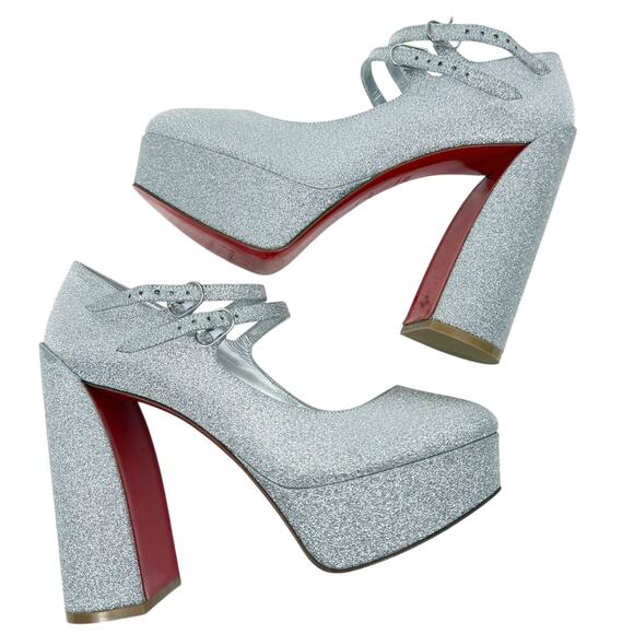 New Christian Louboutin Movida Jane Glitter Platfrom Pumps Silver Size 38.5 - Picture 7 of 10